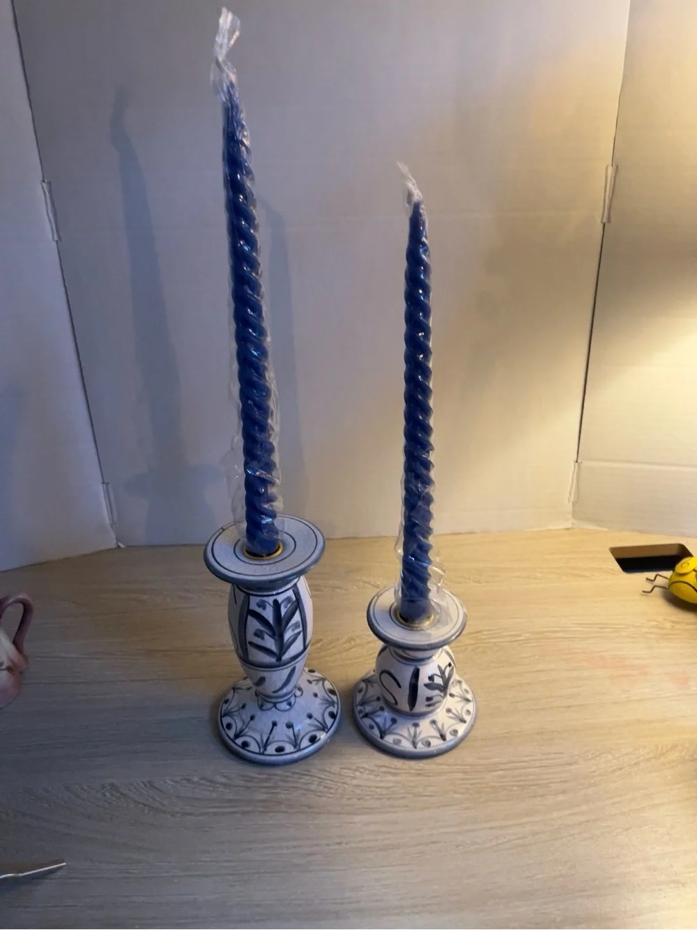 Blue White Crackle Glaze Ceramic Candlestick Holders Set 2 Folk Art 6.5” 4.5”